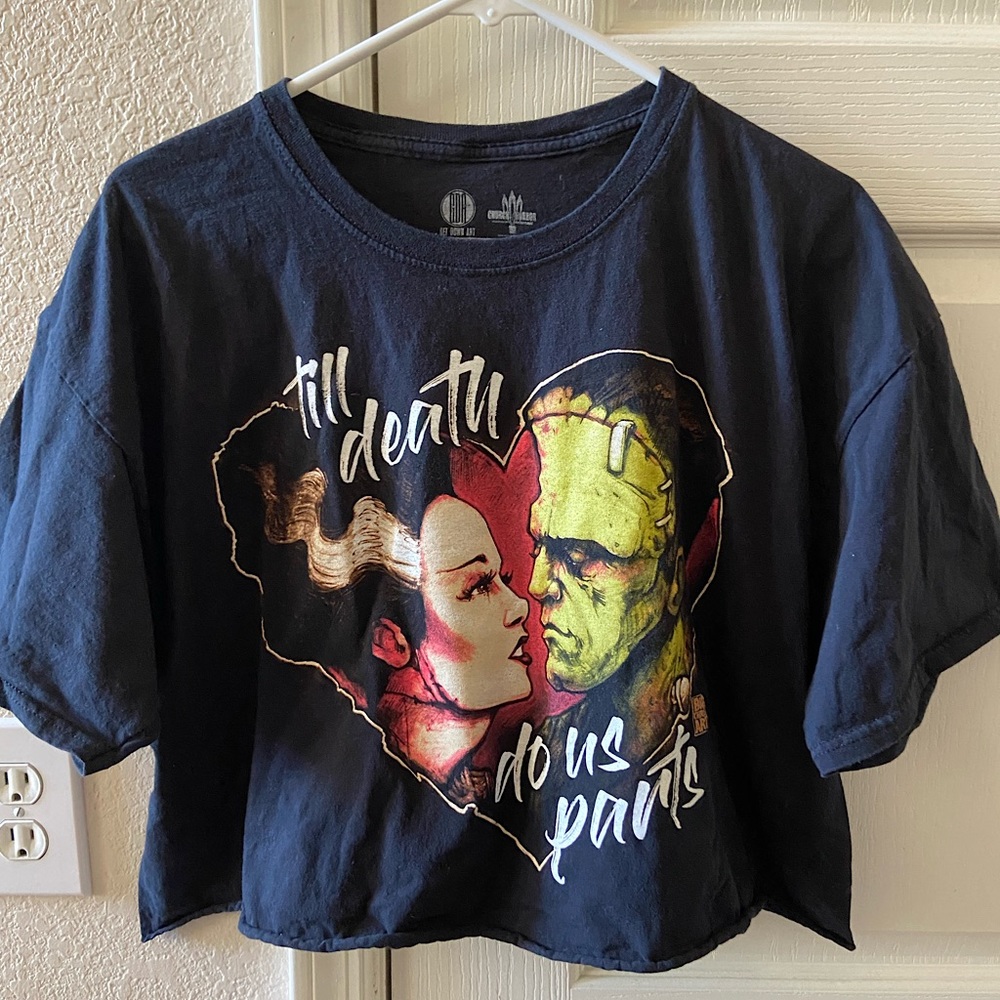 Women’s Black Graphic Crop Tee - Till Death Design Frankenstein and Bride